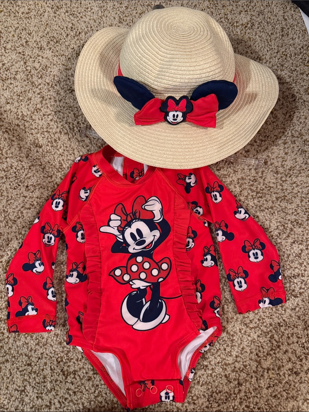Disney Red and Navy Minnie Mouse Long-Sleeve One-Piece Rashguard with Straw Hat